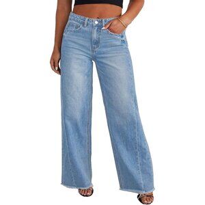 Women's Plus Size Wide Leg Jeans Denim High Waist Raw Hem Pockets Stretch